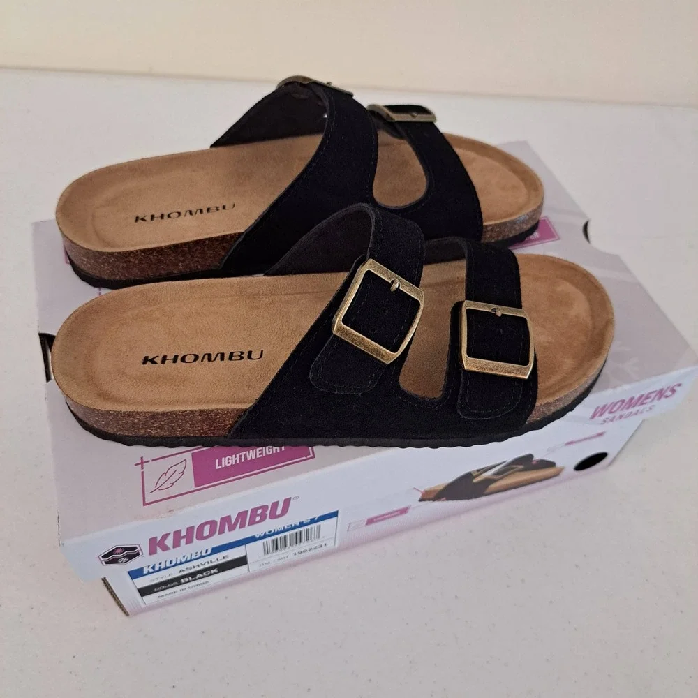Khombu Ashville Sandals Womens 7 Black New Leather Double Buckle Slide 1221-378
